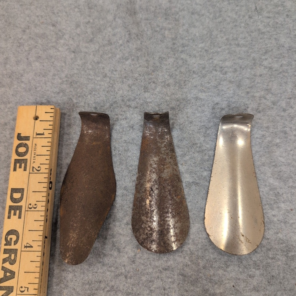 Vtg Nunn Bush Metal Shoe Horn Set 3 Piece Antique Steel Shoehorns Brown Silver - Picture 3 of 3